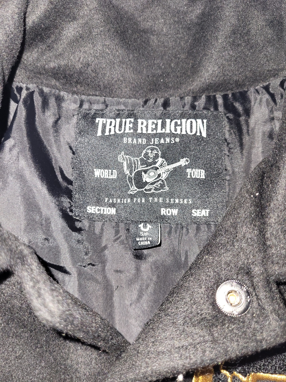 True Religion Black and Gold Men's Varsity Bomber Jacket - Picture 2 of 3